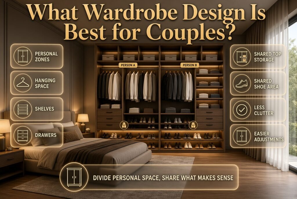 Couples wardrobe design with separate personal hanging, shelf and drawer zones plus shared top storage and shoe space.