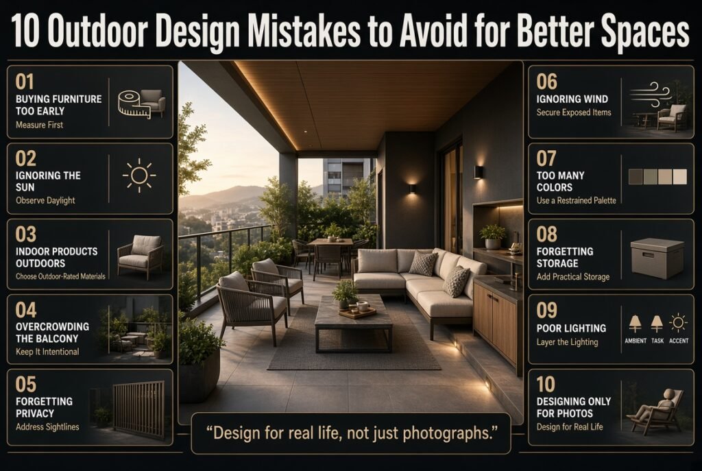 Outdoor design mistakes including oversized furniture, poor lighting, overcrowding, weak privacy, wind, storage, and sun exposure