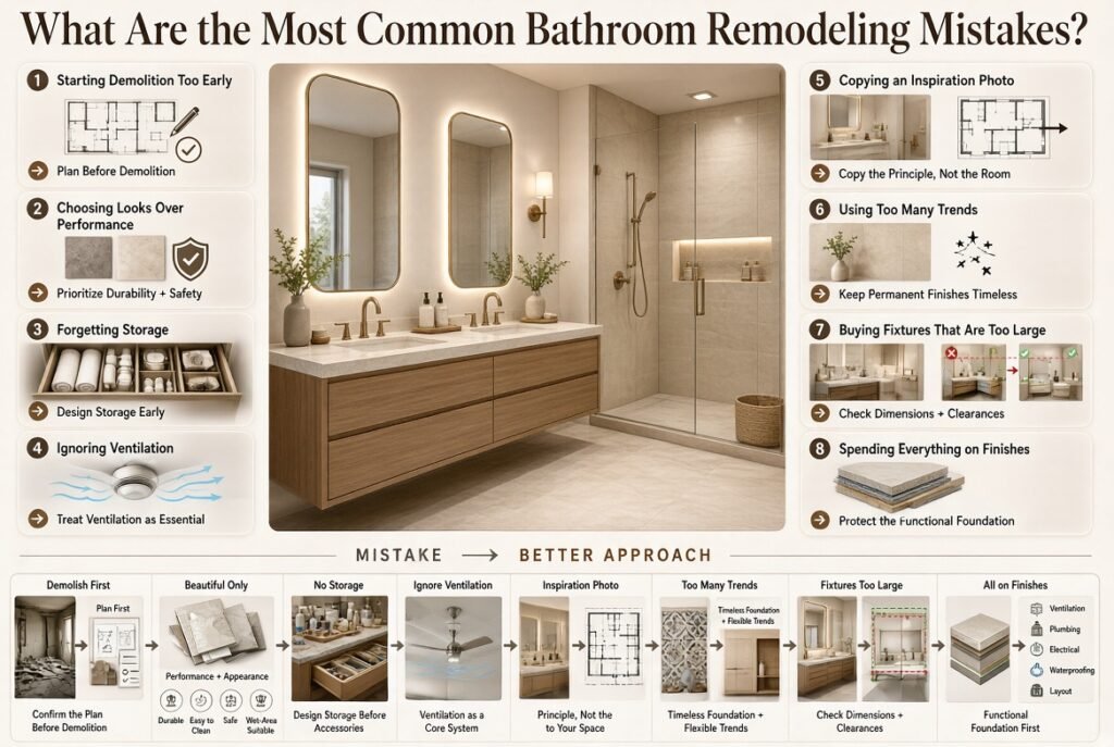 Bathroom remodeling mistakes including early demolition, poor ventilation, missing storage, oversized fixtures, trends, and weak planning.