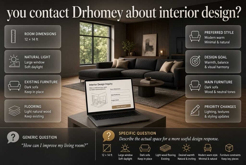 Guide showing how to contact Drhomey about interior design questions using room details, measurements, furniture, and design goals.How to Contact Drhomey About Interior Design Questions
