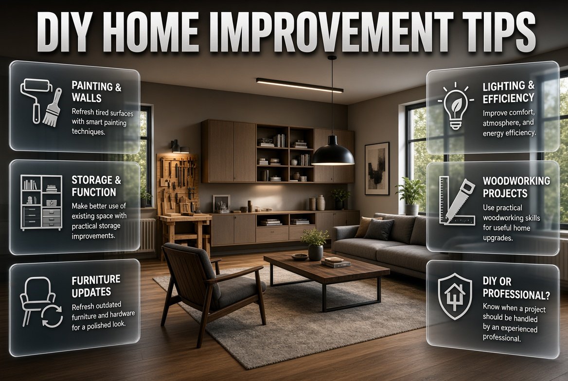 DIY home improvement tips featuring painting, storage, lighting, furniture updates, woodworking, and energy-efficient upgrades.DIY Home Improvement Tips for Smarter, Stylish Homes