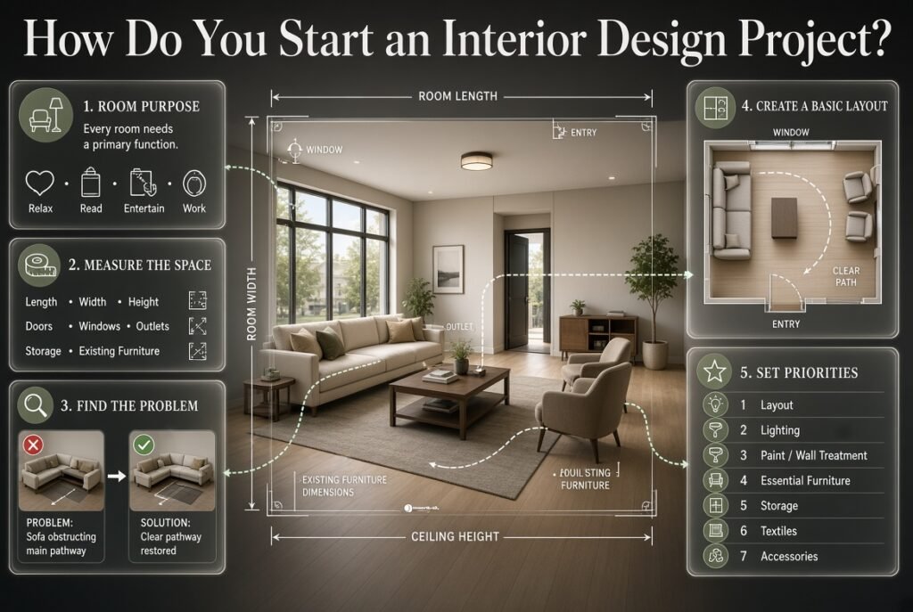 Interior design project planning with room measurements, furniture layout, purpose, priorities, lighting, storage, and decor