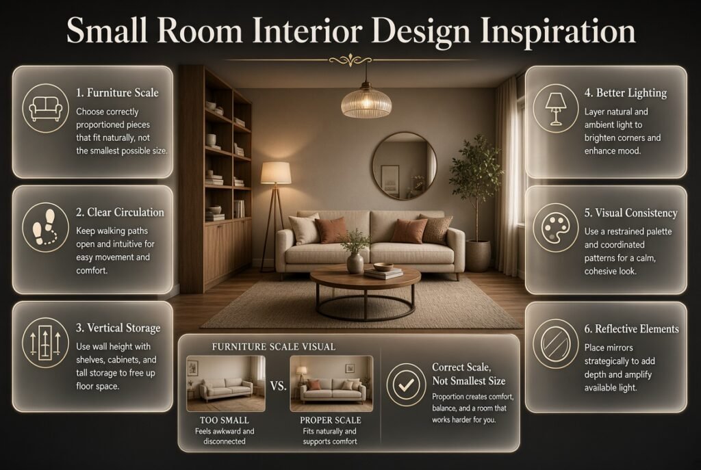 Small room interior design with correctly scaled furniture, clear pathways, vertical storage, layered lighting, consistent colors, and mirrors.