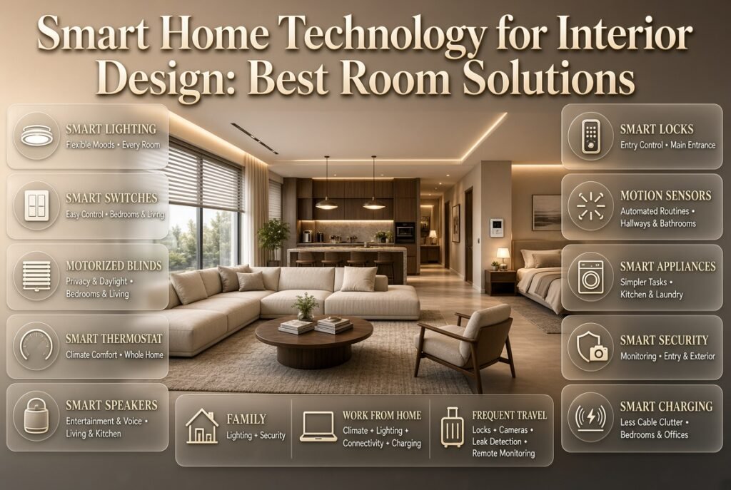 Smart home technology infographic showing lighting, climate control, blinds, security, speakers, appliances, sensors, and charging.