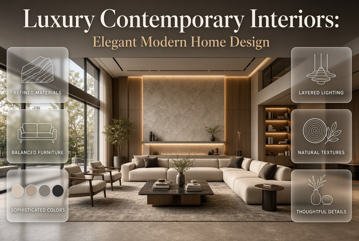 Luxury contemporary interiors featuring refined furniture, layered lighting, natural textures, and sophisticated modern home design.Luxury Contemporary Interiors: Elegant Modern Home Design