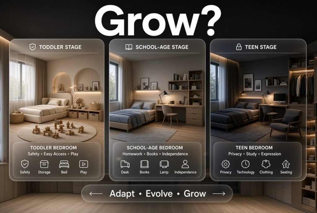Children’s bedroom design evolving from toddler to school-age to teen with adaptable furniture, storage, study, and privacy zones