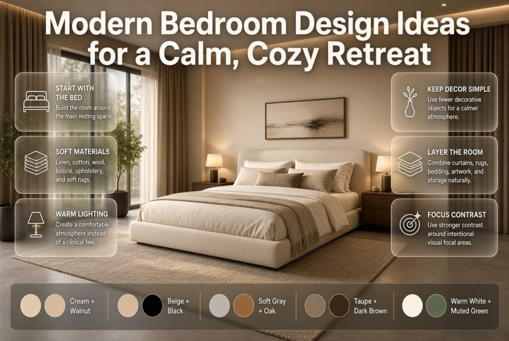 Modern bedroom with cream and walnut colors, soft textiles, warm lighting, simple furniture, and a calm contemporary atmosphere.