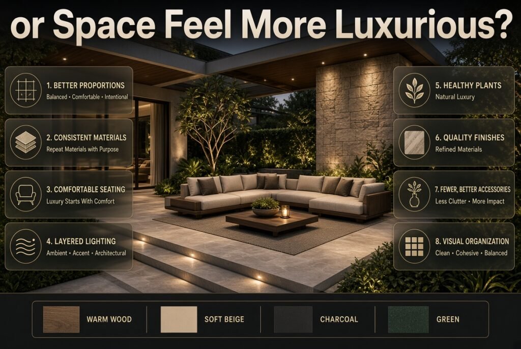 Luxury outdoor space with balanced proportions, comfortable seating, layered lighting, natural plants, and coordinated materials