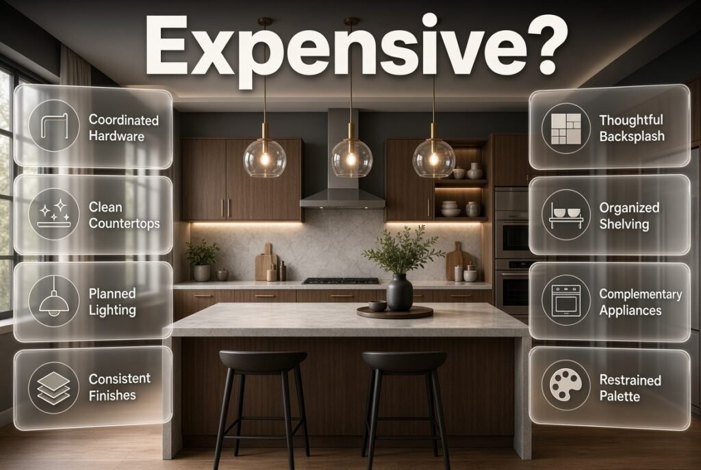 Kitchen design ideas for an expensive look using coordinated hardware, clean counters, smart lighting, consistent finishes, and organized storage.