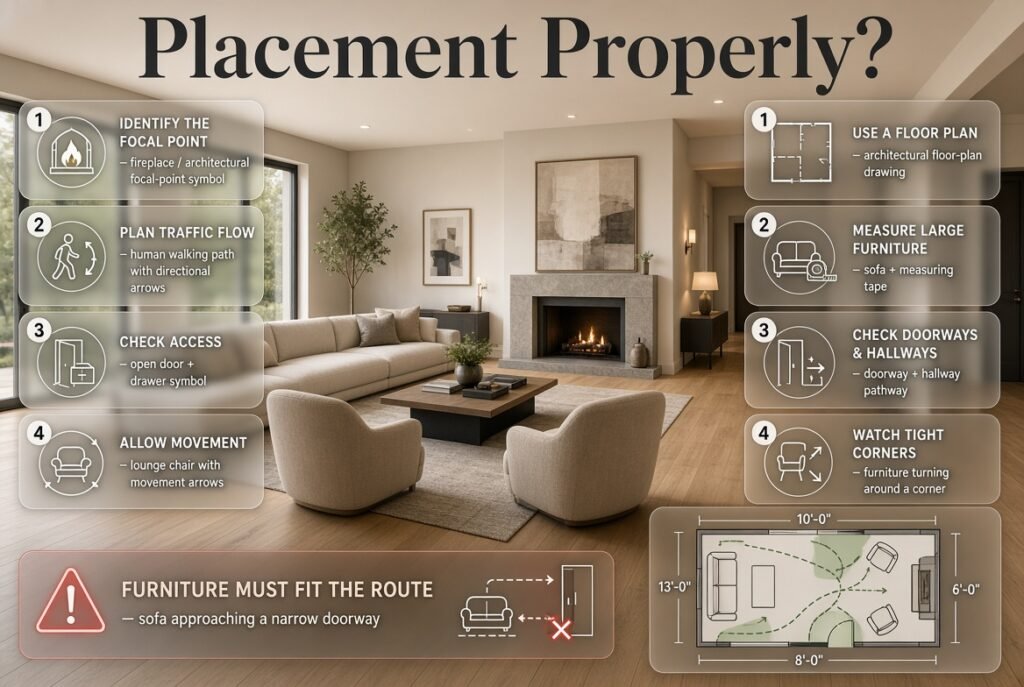 Proper furniture placement with focal points, traffic flow, floor planning, and doorway measurements for a functional room layout.