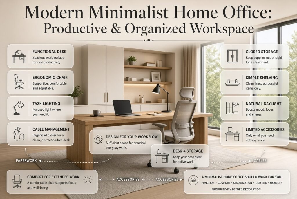 Modern minimalist home office with functional desk, ergonomic chair, task lighting, cable management, closed storage, and daylight.