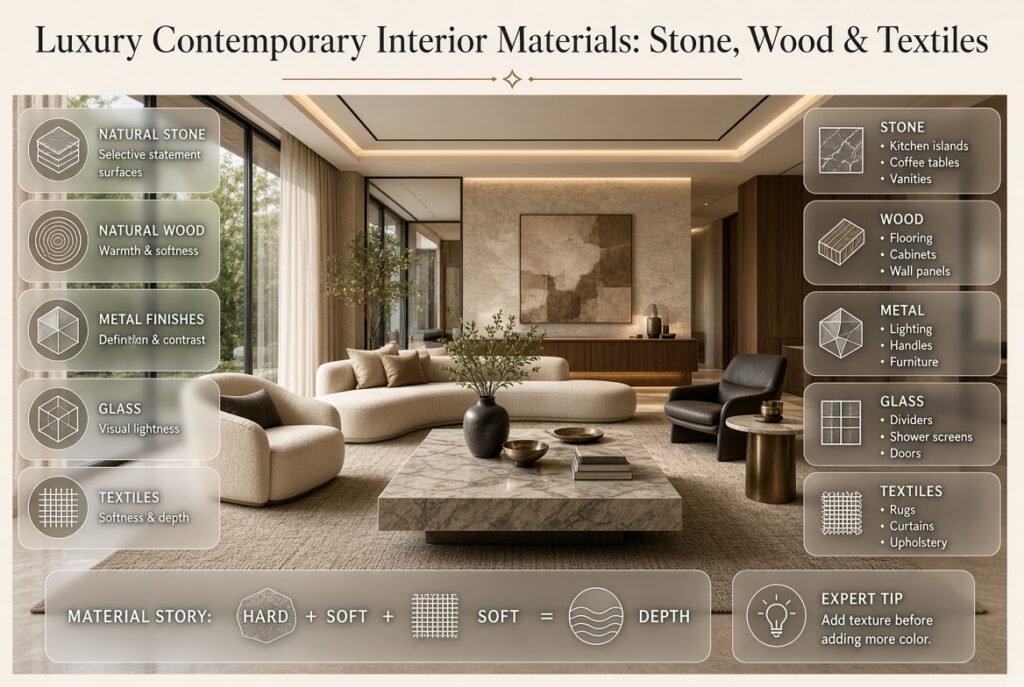 Luxury contemporary interior showcasing natural stone, warm wood, metal, glass, and layered textiles in a refined modern space.