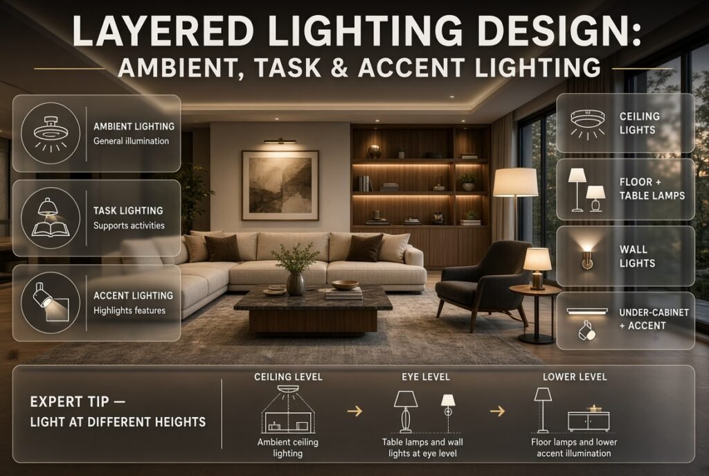 Layered lighting design showing ambient, task, and accent lighting at different heights for a warm, balanced interior.