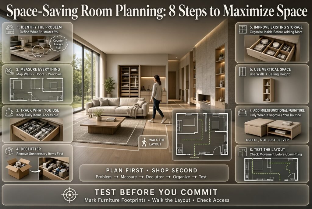 Space-saving room planning with measuring, decluttering, vertical storage, multifunctional furniture, and layout testing for better flow.