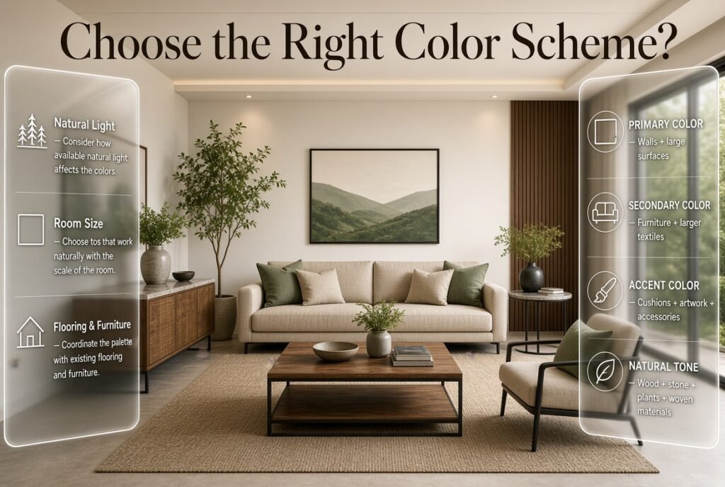Interior color scheme with warm white walls, wood, beige furniture, muted green accents, and black metal details
