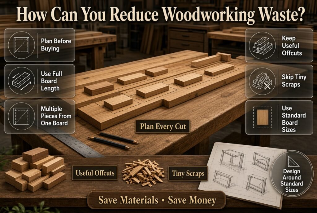 Woodworking waste reduction infographic showing cutting plans, efficient lumber use, useful offcuts, and standard board sizes.
