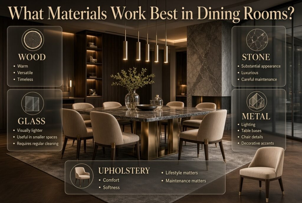 Modern dining room showcasing wood, glass, stone, metal, and upholstered furniture materials with distinct visual and practical benefits.