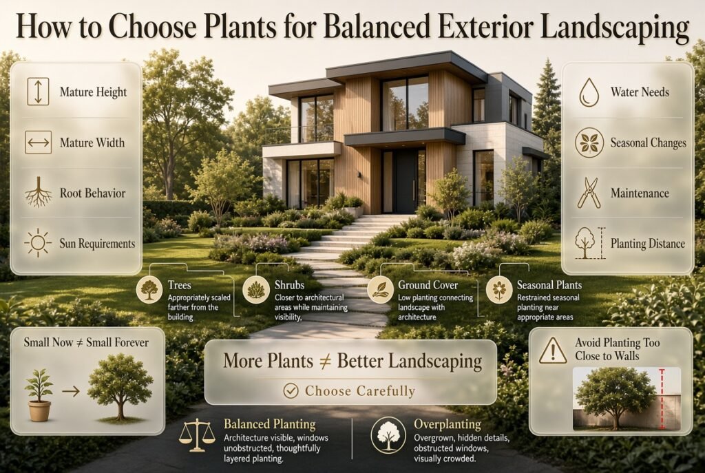 Exterior landscaping guide showing layered planting with trees, shrubs, ground cover, and seasonal plants around a modern home.