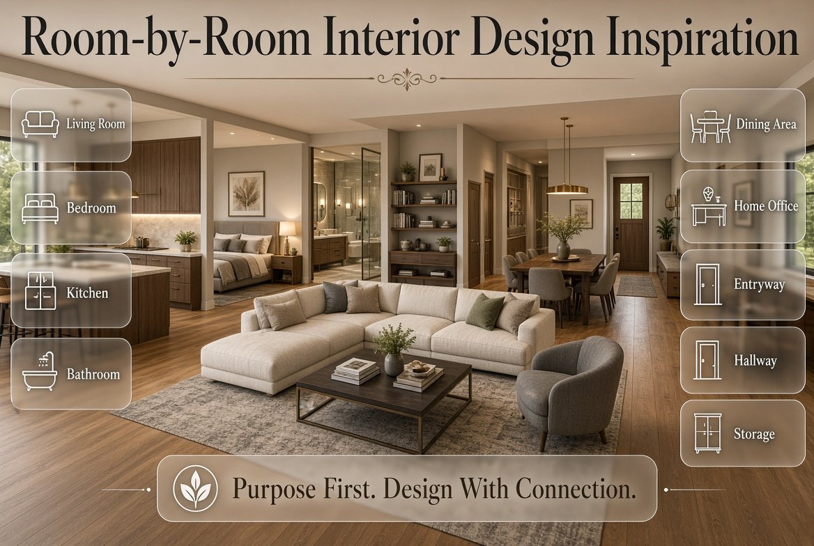 Room-by-room interior design inspiration showing a living room, bedroom, kitchen, bathroom, dining area, office, entryway, and hallway.Room-by-Room Interior Design Inspiration for Every Home