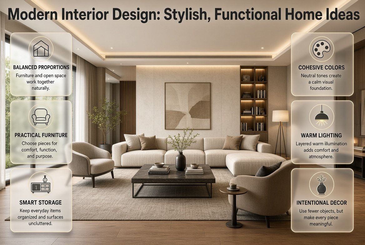 Modern interior design with balanced furniture, warm lighting, neutral colors, smart storage, and a clean contemporary living space. Modern Interior Design: Stylish, Functional Home Ideas