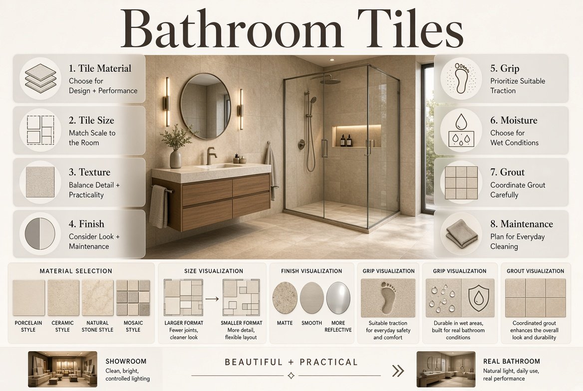 Modern bathroom with carefully selected floor and wall tiles, showing tile materials, sizes, textures, finishes, and grout choices.Bathroom Tiles Guide for Choosing the Right Style and Material