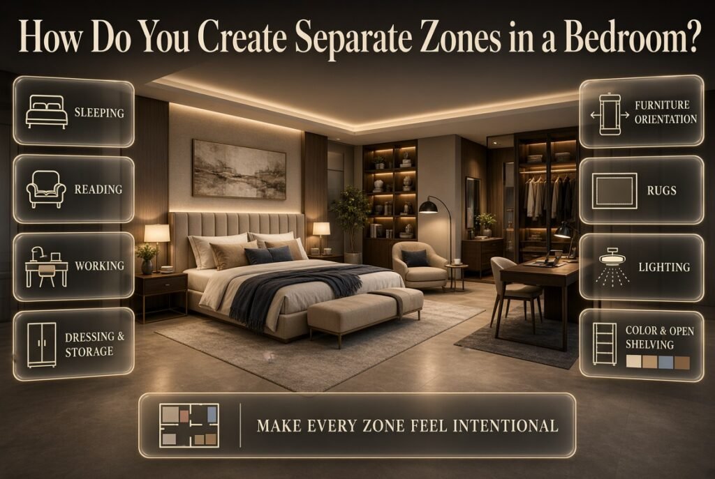 Bedroom zoning ideas showing sleeping, reading, working, dressing, and storage areas separated with furniture, rugs, lighting, and color.