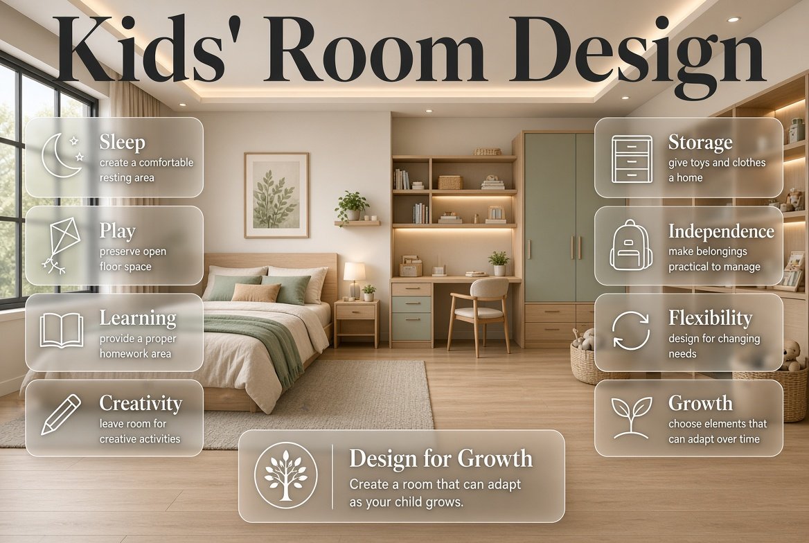 Kids’ room design with adaptable furniture, organized storage, study space, play area, comfortable bed, and open floor space Kids’ Room Design Ideas for Growing Children
