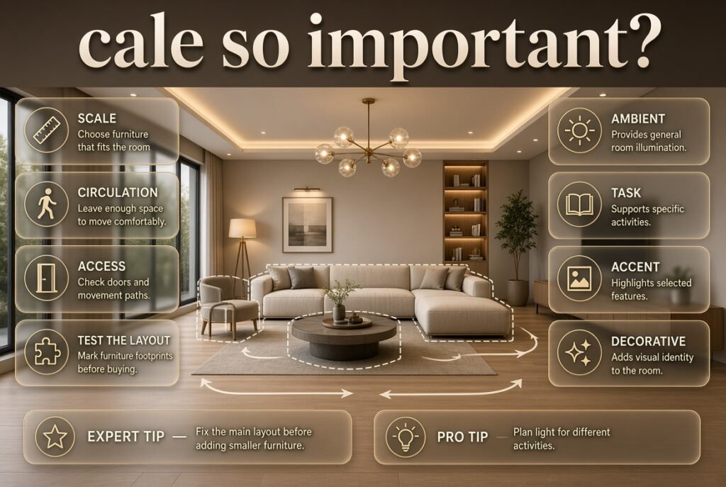 Interior design scale and lighting guide showing furniture circulation, ambient, task, accent, and decorative lighting in a balanced room.