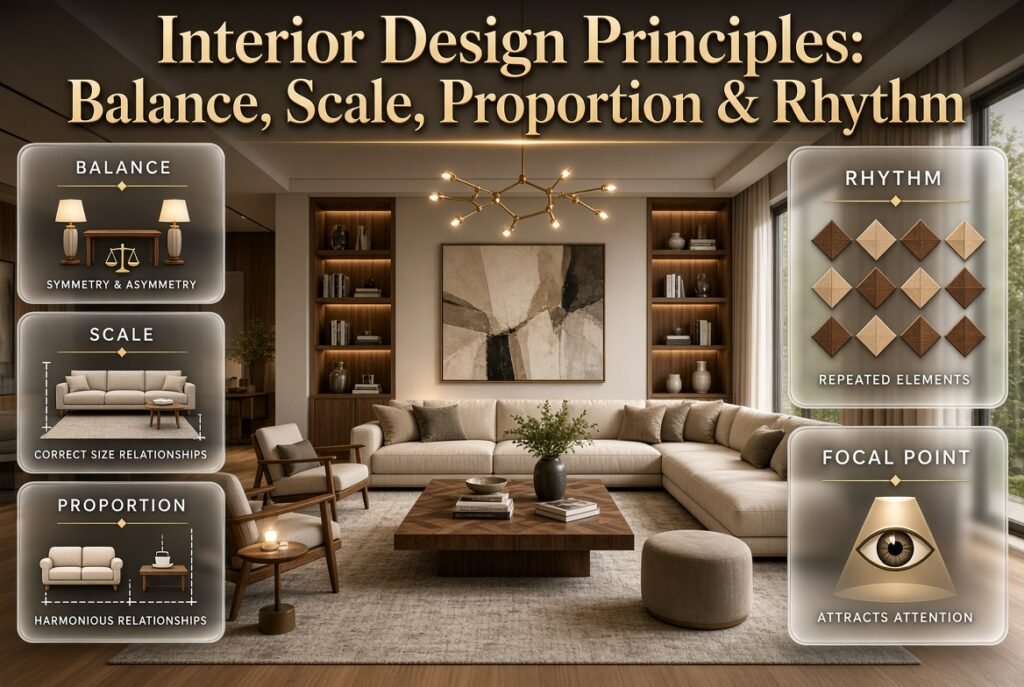 Interior design principles infographic showing balance, scale, proportion, rhythm, and focal points in a stylish living room.