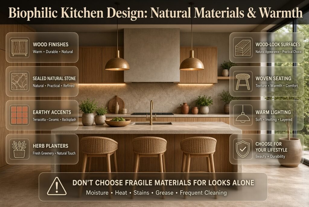 Biophilic kitchen design with wood cabinetry, natural stone, herbs, terracotta, woven seating, earthy colors, and warm lighting.