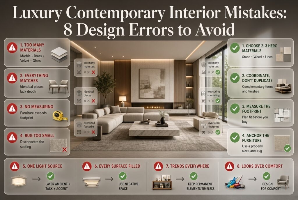 Luxury contemporary interior showing common design mistakes including excess materials, small rugs, poor lighting, clutter, and uncomfortable furniture.