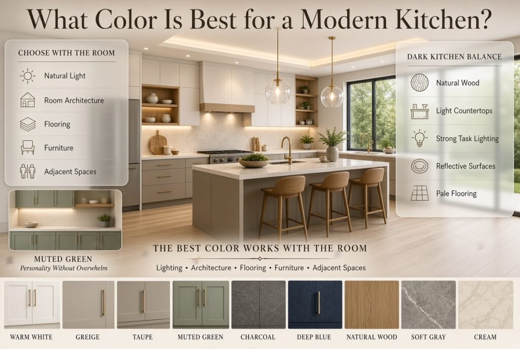 Modern kitchen color ideas featuring warm white, greige, taupe, muted green, charcoal, deep blue, and natural wood finishes
