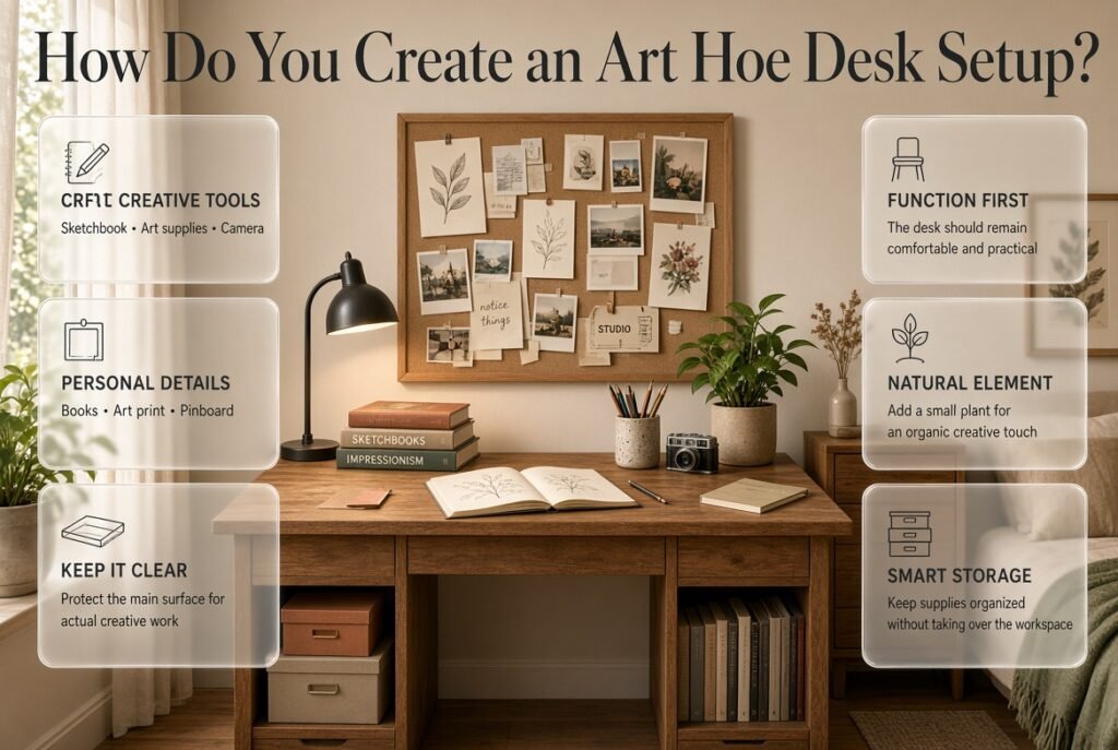 Art hoe desk setup with a clear workspace, plant, lamp, books, camera, sketchbook, art supplies, and creative pinboard.