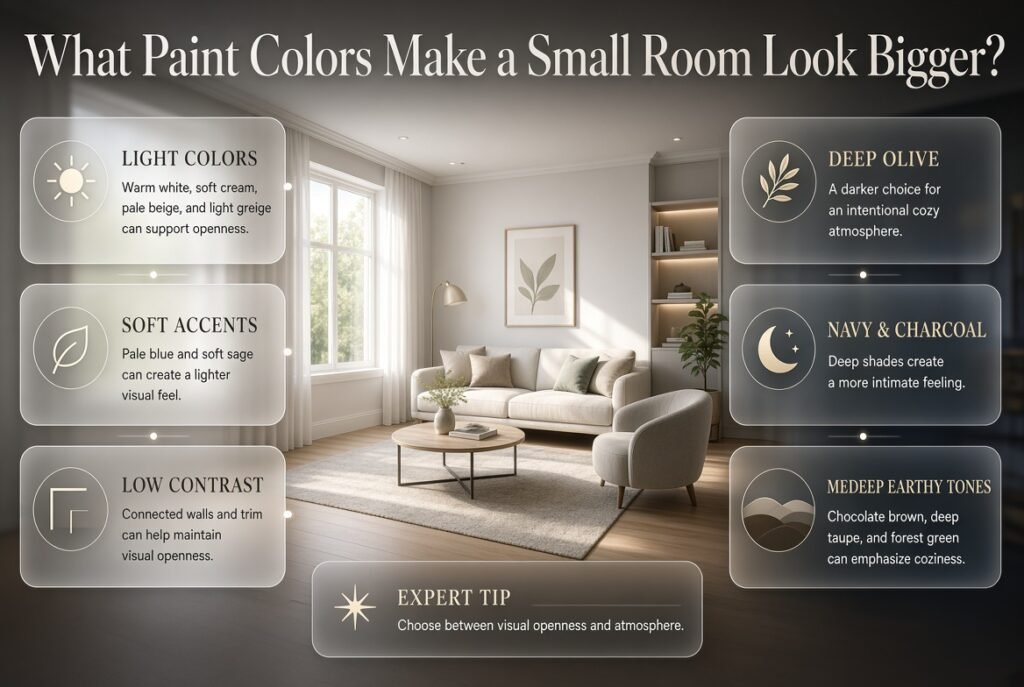 Paint colors that make a small room look bigger, including warm white, beige, greige, pale blue, sage, and darker cozy shades.