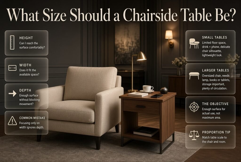 Modern chairside table beside an armchair with storage, lamp, book, and decor in a stylish living room