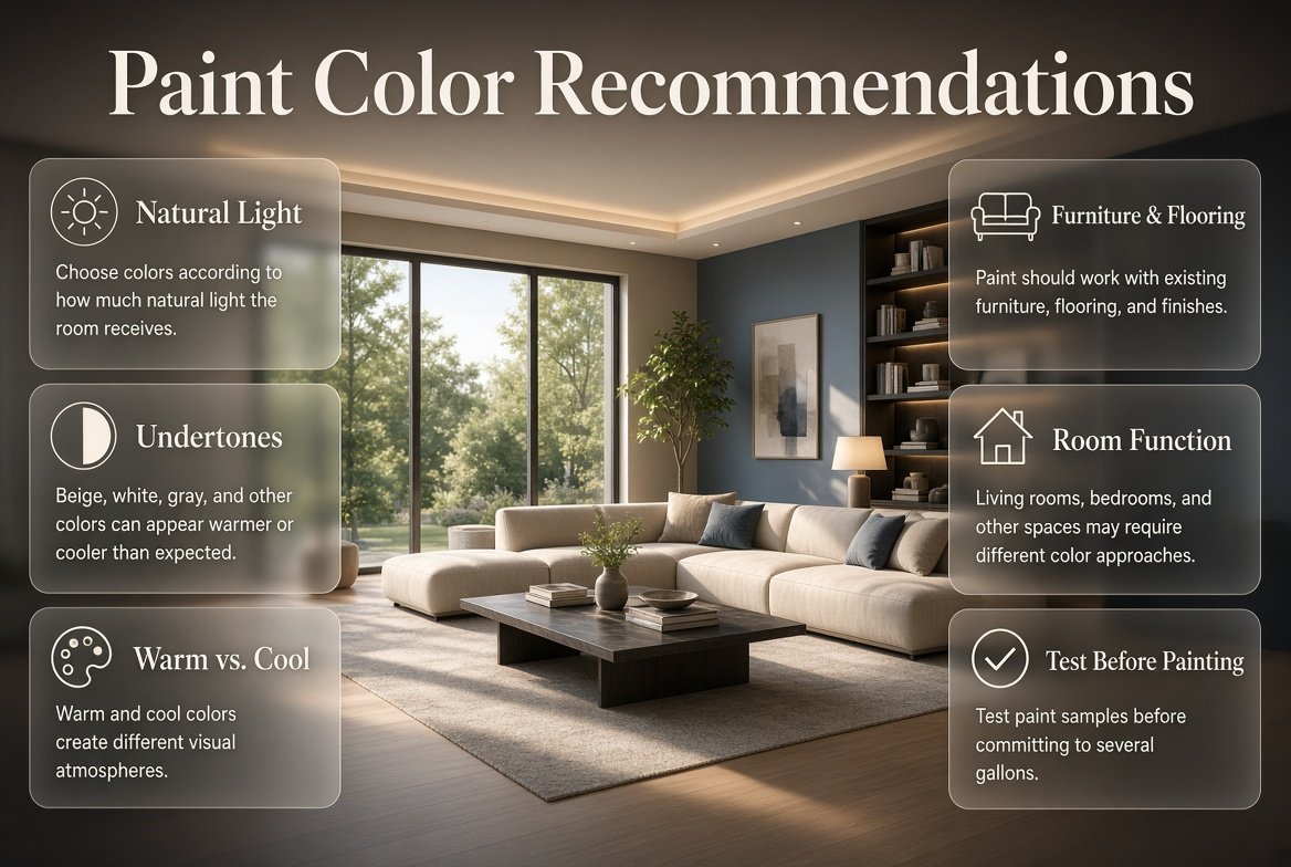 Paint color recommendations showing how natural light, undertones, furniture, flooring, and room function influence paint selection.