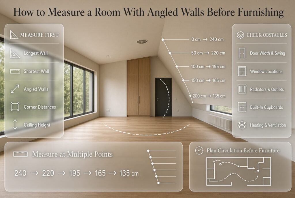 Professional room measurement guide showing angled wall heights, doors, windows, and furniture planning points before furnishing.