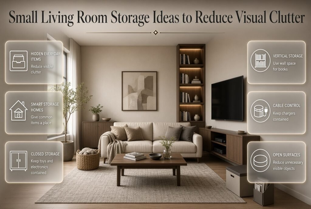 Small living room storage ideas using baskets, cabinets, shelves, drawers, and cable boxes to keep everyday items hidden