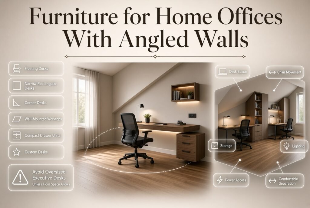 Home office with an angled wall featuring floating, narrow, corner, and custom desks with comfortable chair movement and storage.