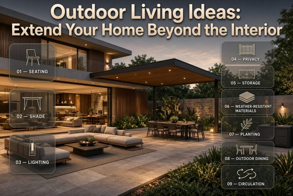 Modern outdoor living area with seating, shade, lighting, privacy, storage, planting, and weather-resistant design.