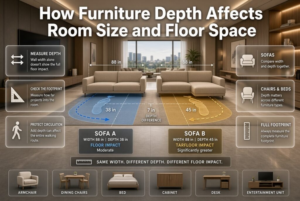 Furniture depth comparison showing how sofa projection affects floor space, circulation, and room layout in a compact interior.