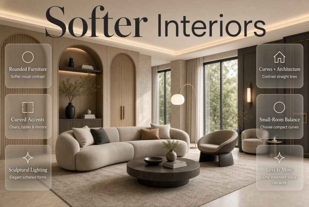 Softer interiors featuring curved sofas, rounded chairs, circular tables, arches, and sculptural lighting in a modern living room.