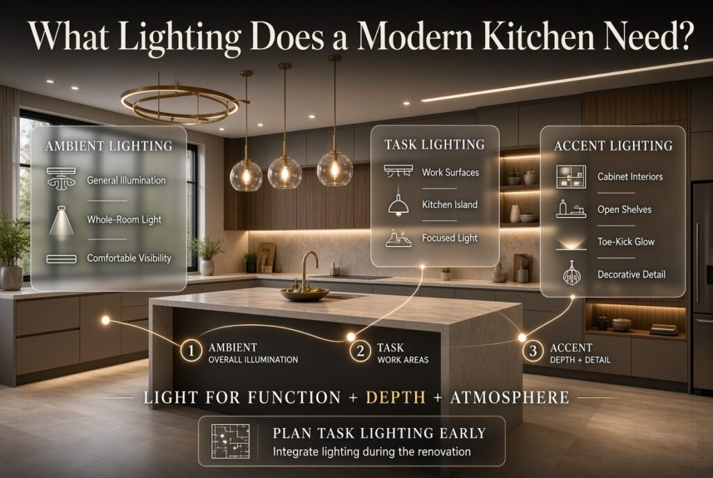 Modern kitchen lighting ideas showing ambient, task, and accent lighting for functional work areas and stylish contemporary interiors