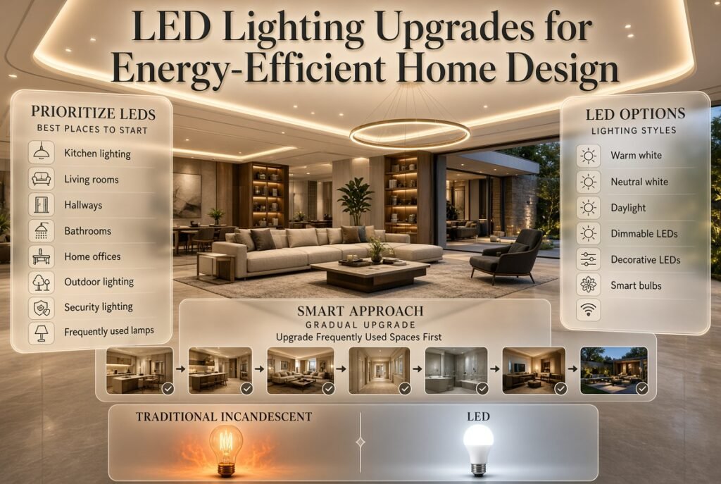 LED lighting upgrades for kitchens, living rooms, offices, bathrooms, and outdoor spaces with efficient, attractive lighting options.