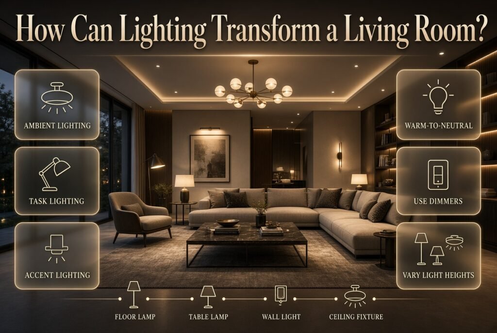 Living room lighting transformation featuring ambient, task, and accent lighting with warm tones, layered fixtures, and dimmers