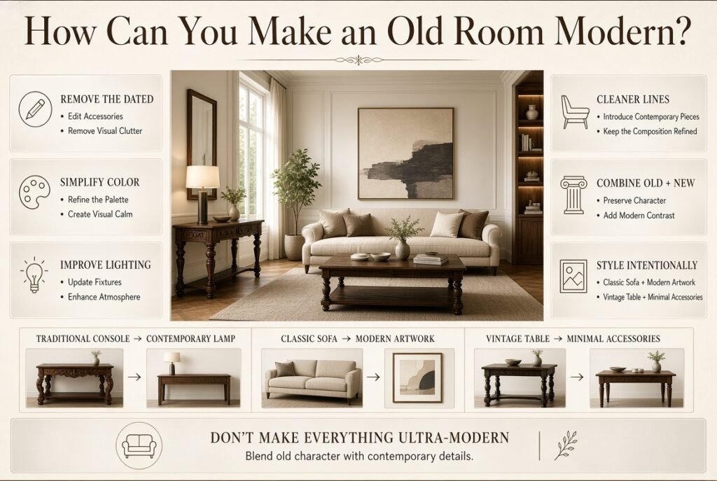 Modern old room makeover combining traditional furniture, contemporary lighting, modern artwork, clean lines, and minimal accessories