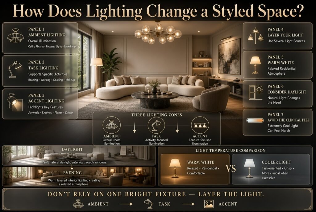 Styled living room with ambient, task, and accent lighting creating depth, warmth, and a comfortable atmosphere throughout the space