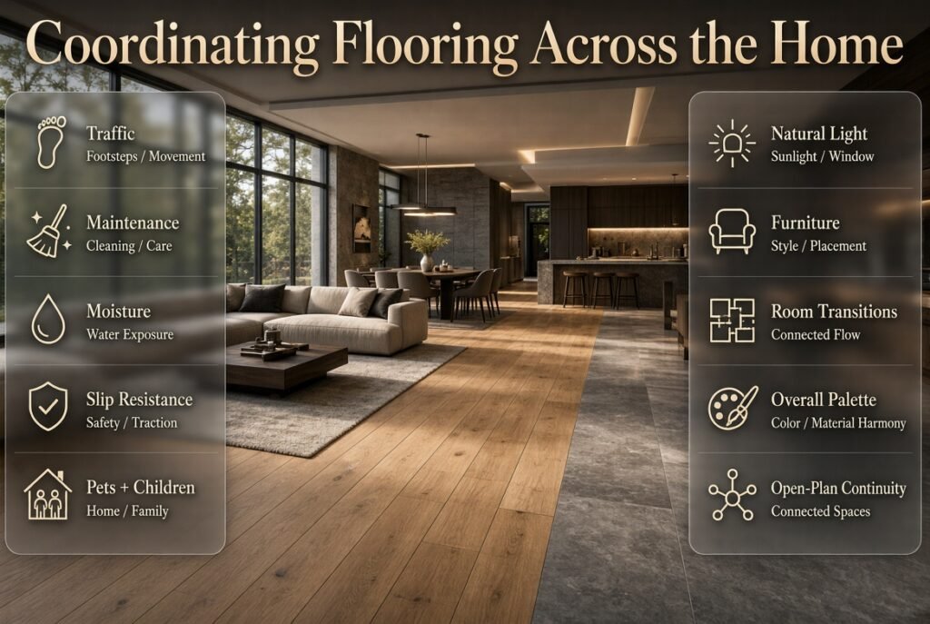 Coordinated home flooring showing consistent transitions, room connections, natural light, furniture, and practical material choices.