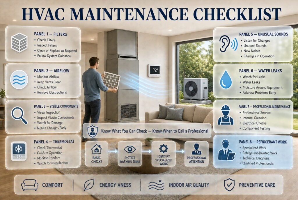 HVAC maintenance checklist showing filters, vents, airflow, thermostat checks, leaks, unusual sounds, and professional system maintenance