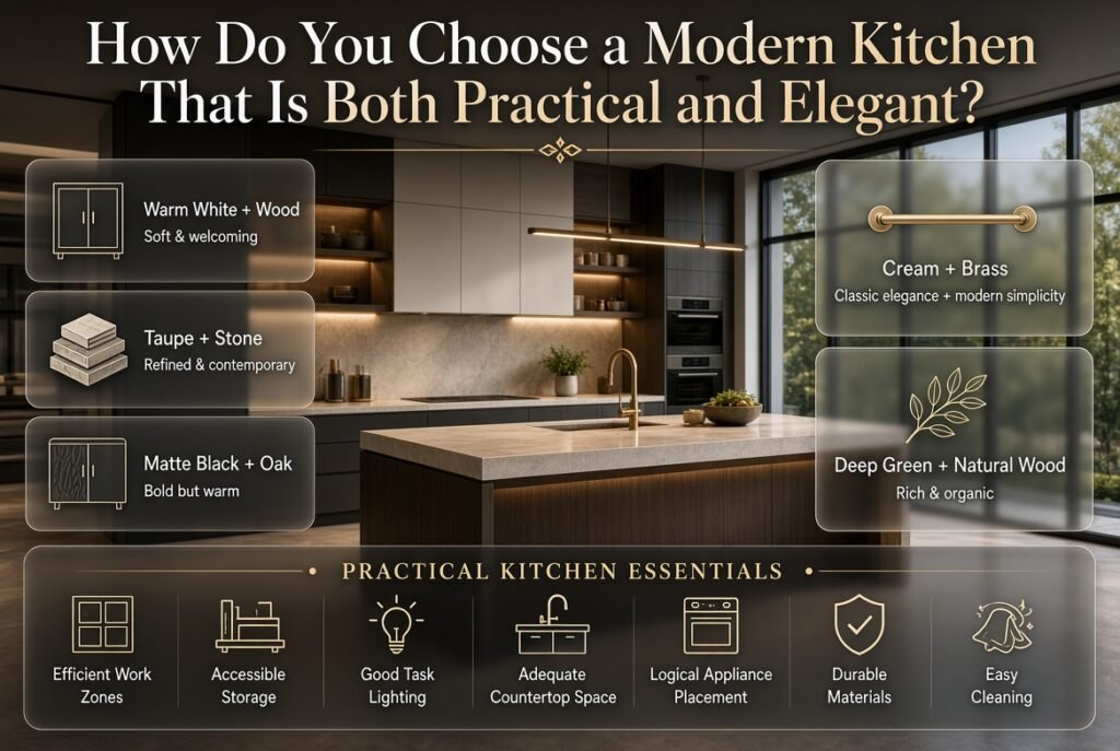 Modern elegant kitchen with warm white cabinets, natural wood, stone countertops, brass accents, efficient storage, and layered lighting